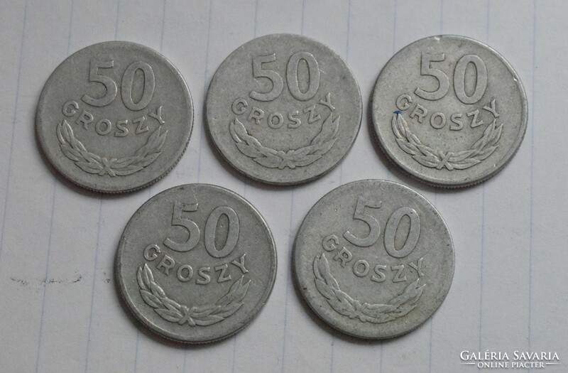 Poland 50 groszy, garas, 1957, 1965, money, coin, 5 pcs. Gross