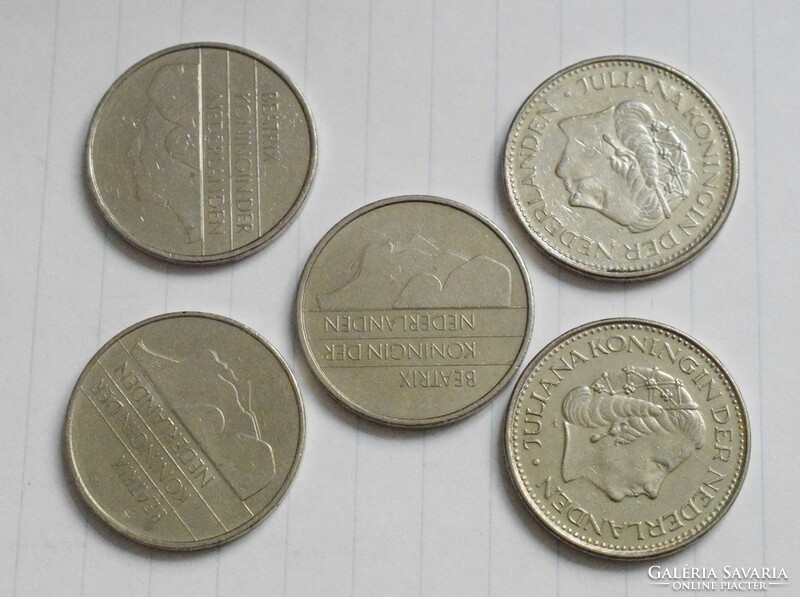 Netherlands 1 gulden, 1979, 1980, 1982, 1986 money, coin 5 pieces