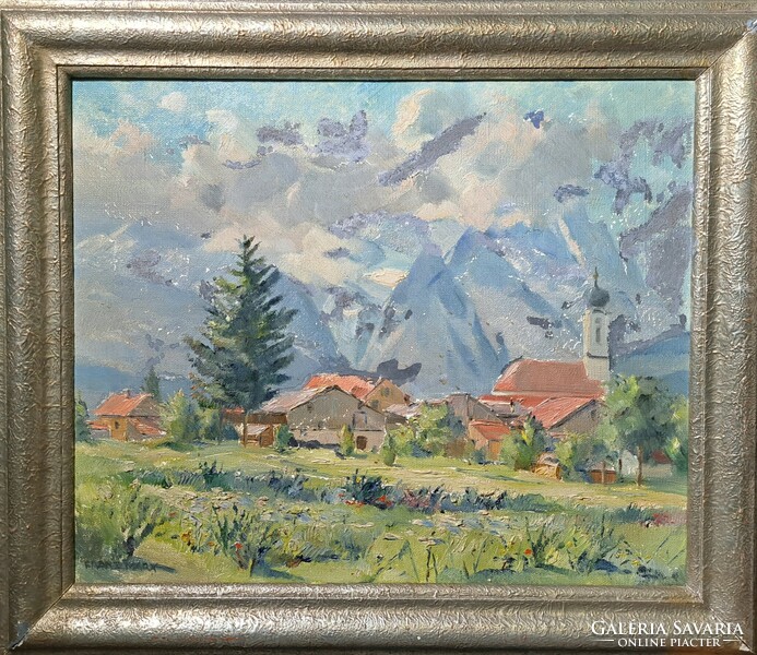 Franz Marx: Mountain Village (oil painting in silver frame - German painter)
