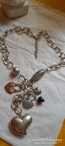 Large necklace with pendants, heart pendant
