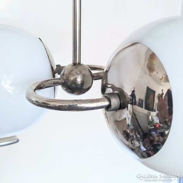 Bauhaus - Art deco nikkelezett csillár felújítva - tejüveg búra - Csillárok és Világítás RT.