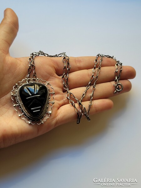 Mexican silver onyx stone Aztec mask filigree brooch and pendant in one chain!