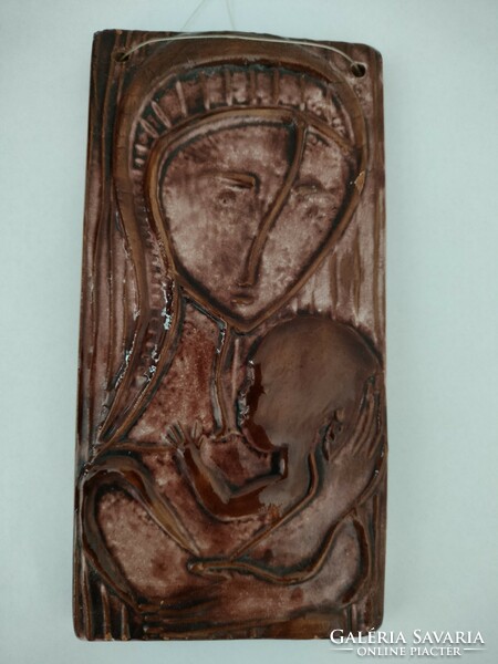 Painted glazed ceramic wall picture / mother with child industrial art work