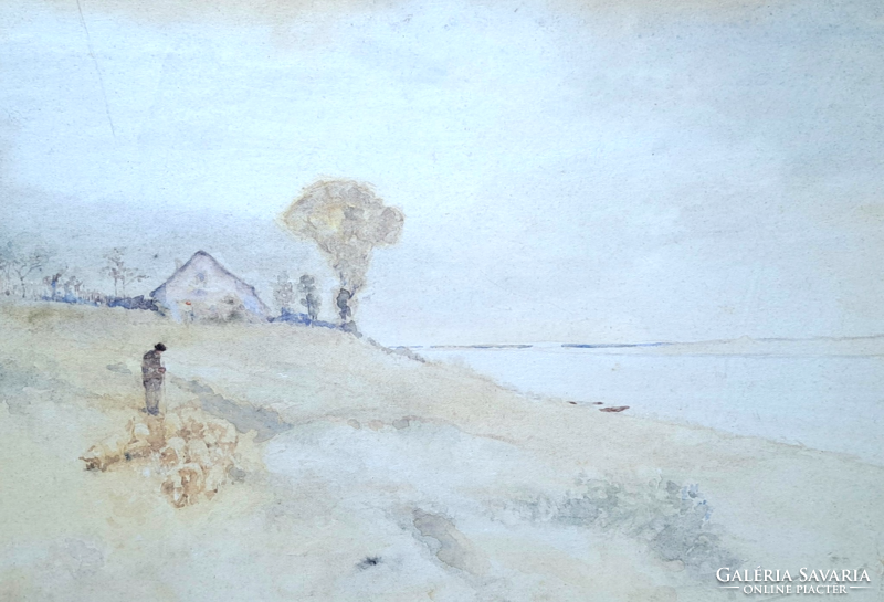 Péczely Antal (1891-1960): Pásztor a vízparton (akvarell paraszti életkép)