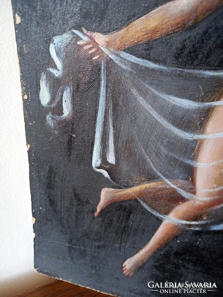 Veiled female nude with mirror; oil painting on cardboard