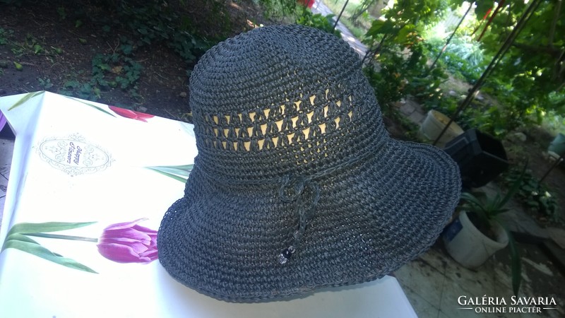 Beach hat-summer hat faux raffia-crocheted, black dia.35 Cm