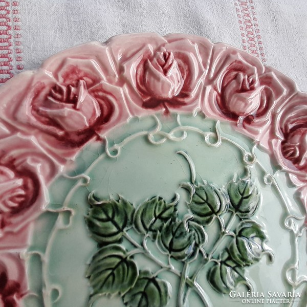 Schütz blansko (1870 -1900) pink majolica cake stand + 6 cake plates in a set