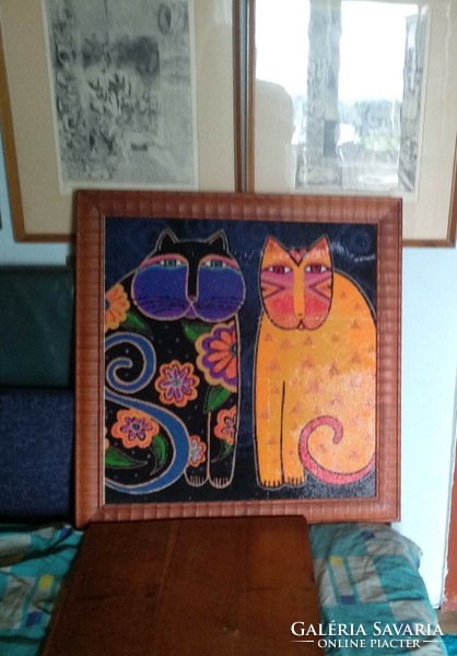 Huge cat glass mosaic, based on laurel burch motifs, in a frame, negotiable