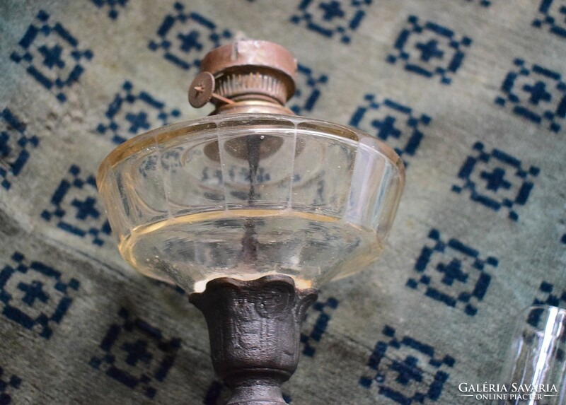 Petroleum lamp, antique, art nouveau, cast iron base, glass lamp body 39 cm