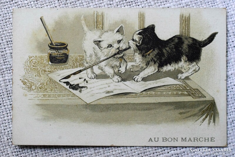 Antik grafikus litho nem képeslap / íródeák cicusok - hátoldala Le Bon Marché áruház reklám