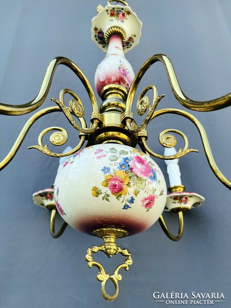Chandelier with majolica inlay, painted flowers, eagle.