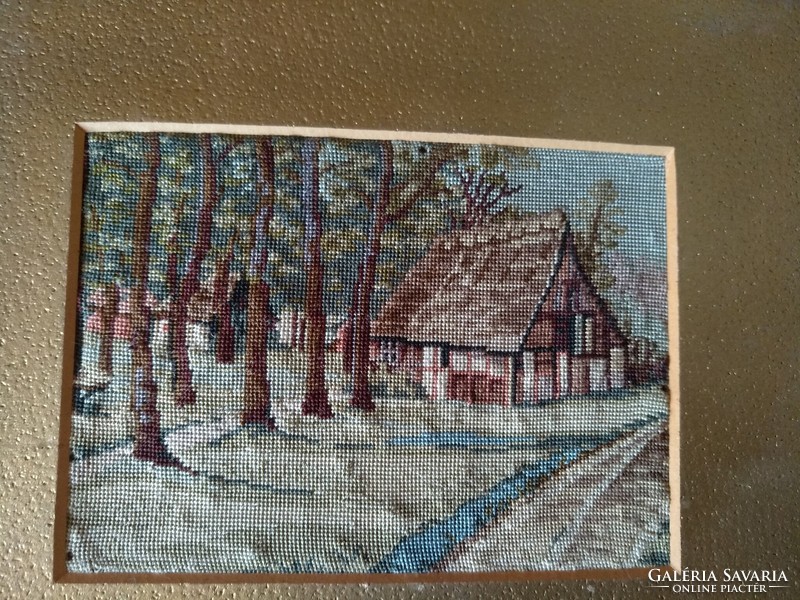 Cottage in the woods, antique needle tapestry, 12.5x9.5 cm, negotiable