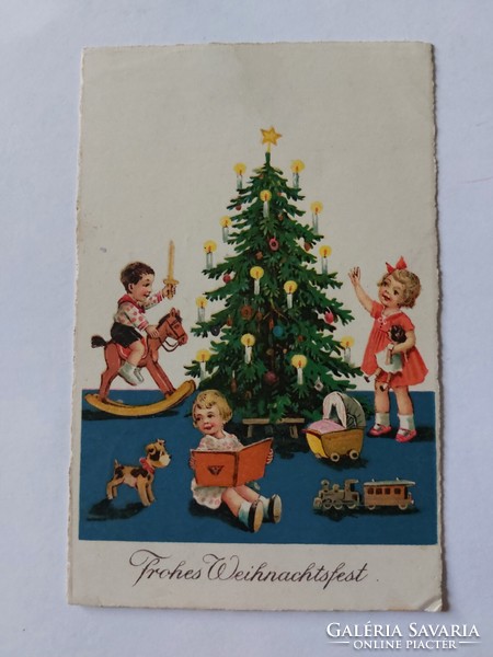 Old Christmas card Christmas tree kids toys