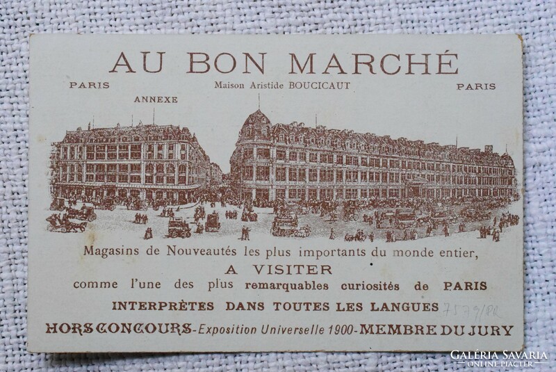 Antik grafikus litho nem képeslap / íródeák cicusok - hátoldala Le Bon Marché áruház reklám