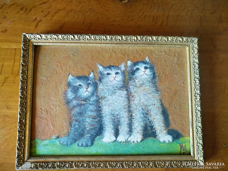 Oil painting kittens, cats, signed, in blonde frame, negotiable