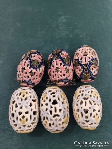 Antique Zsolnay faience openwork egg ornaments