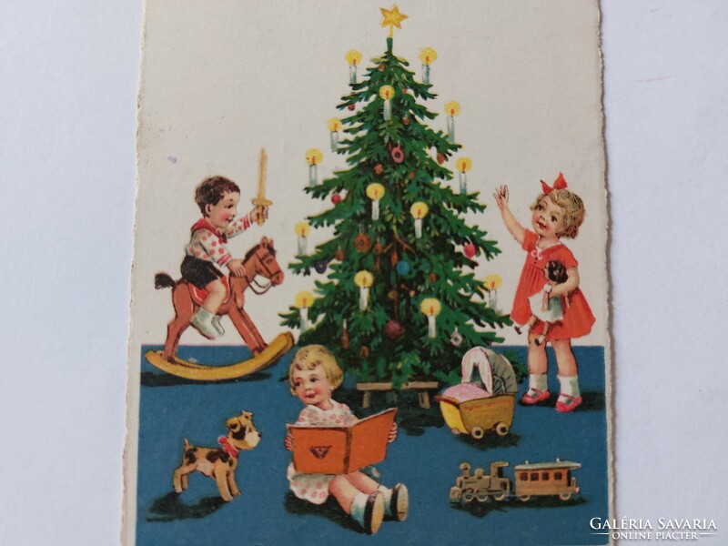 Old Christmas card Christmas tree kids toys