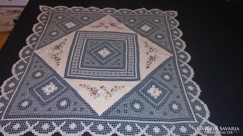 Beautiful old ecru center table cloth needlework ribbon embroidery