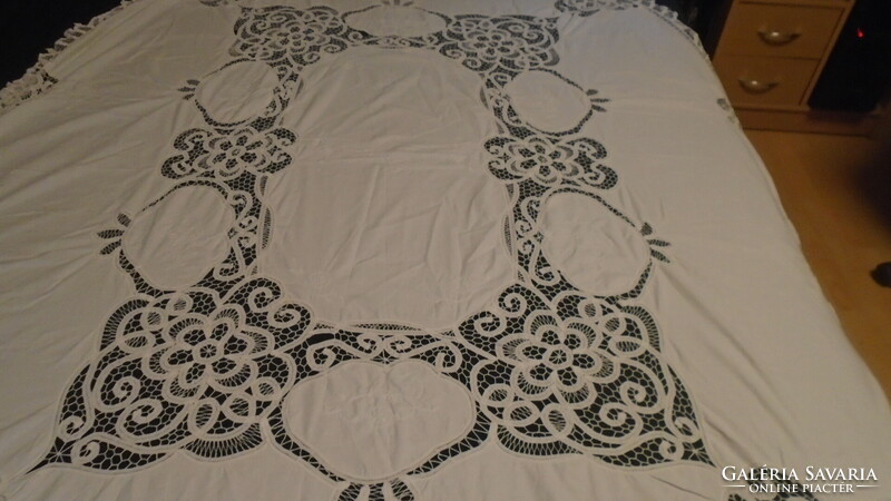 Beautiful antique large oval snow-white Maderia needlework tablecloth