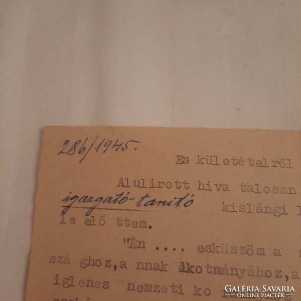 Kislángi igazgató-tanító eskütételéről igazolvány 1945
