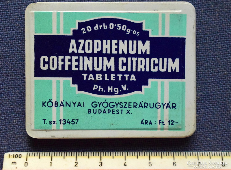 Azophenum coffeinum citricum tablet with medicinal metal box contents Köbány drug factory