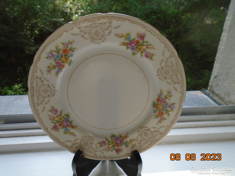 Antique colorful flower bouquet and baroque rosary enamel grid pattern marked cake plate