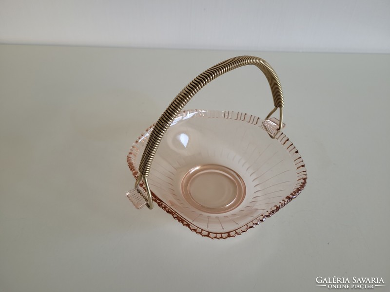 Retro mid century glass bowl old pink bowl with handles snack basket