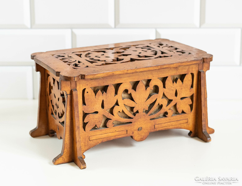 Antique art nouveau jewelry box - wooden chest with an openwork, sawn pattern - chest
