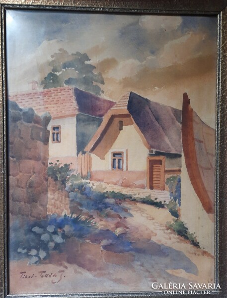 Jenő Tibai takáts: winding street, original marked watercolor - tibai takács