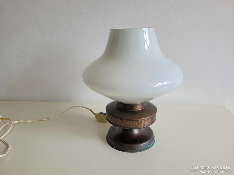 Retro Képcsarnokos Iparművészeti réz bronz és tejüveg lámpa mid century asztali lámpa