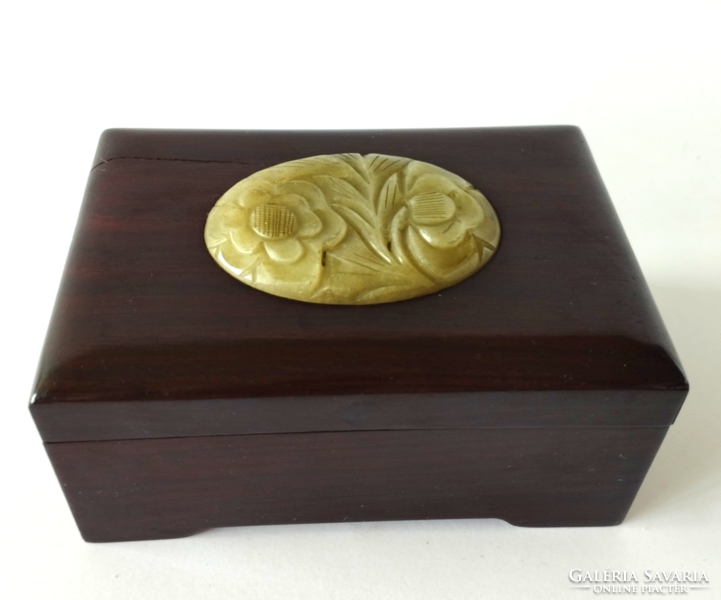 Vintage rosewood jewelry box with carved convex jade inlay