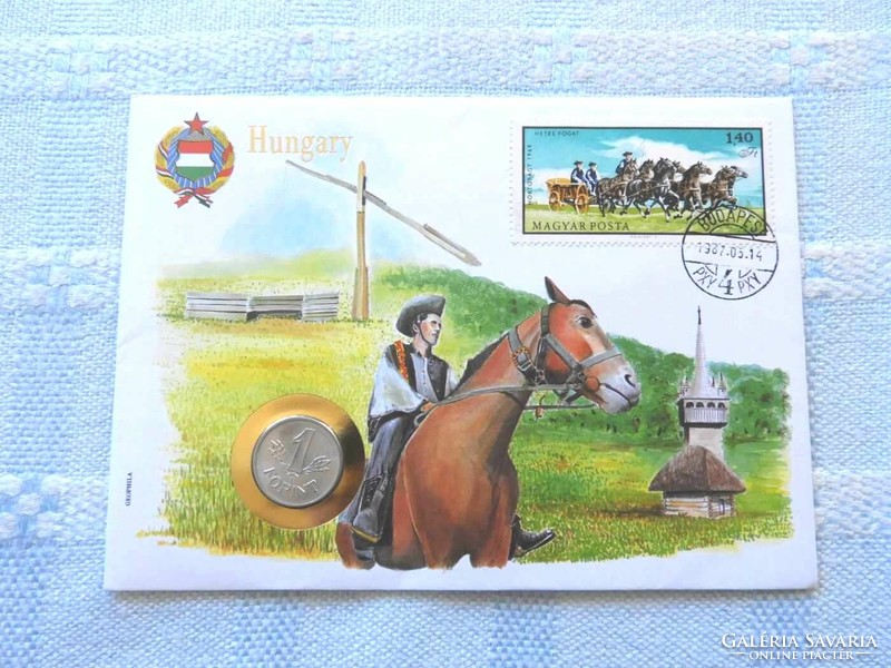 1987 Hungarian coin envelope with hortobágy foal 1.40 ft stamp rare!