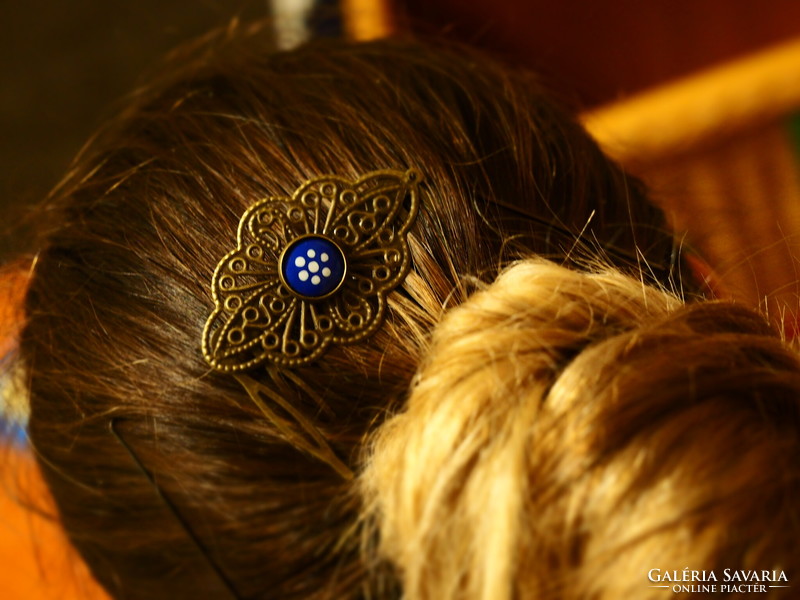 Hairpin - bronze, fire enamel, blue dye