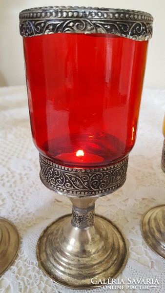Tinted glass, engraved metal tea light, candle holder