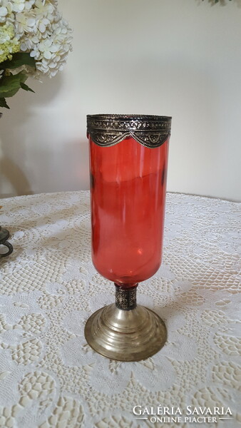 Large, colored glass, engraved metal candle holder