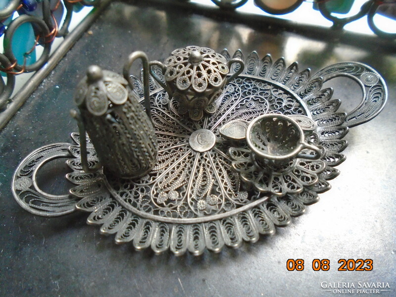 Filigrán antik  ezüst miniatűr teás készlet