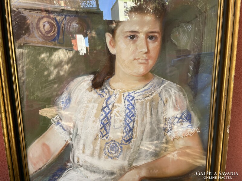 Antik leány lány portré festmény népviseletes sokác ruhás asszony