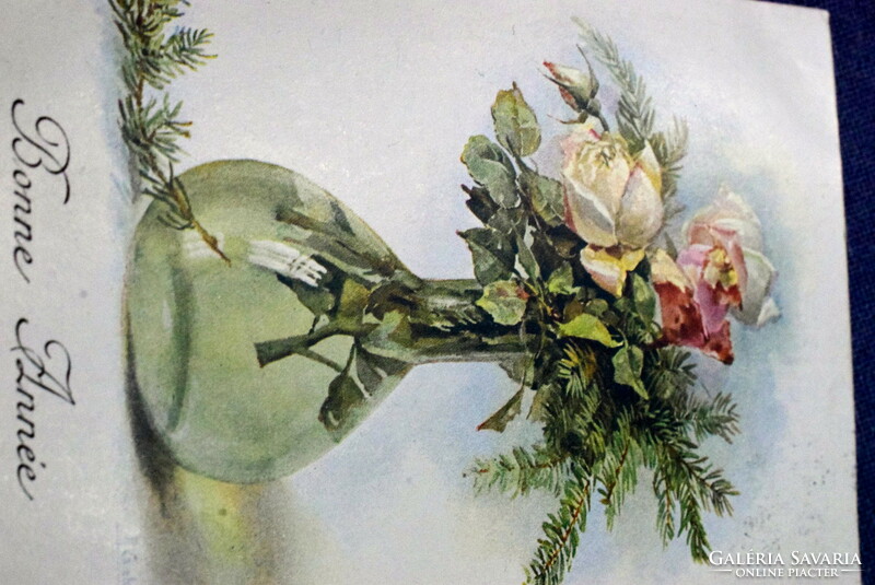 Antik M Munk , Vienne Újévi üdvözlő liho képeslap téli csokor rózsával  művészlap