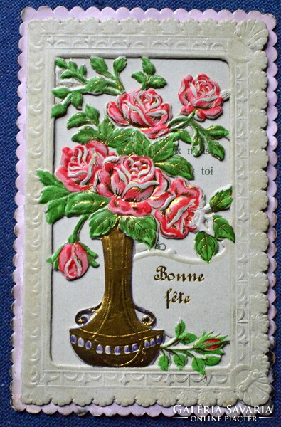 Antique embossed opening lace postcard in a gold vase with a bouquet of roses