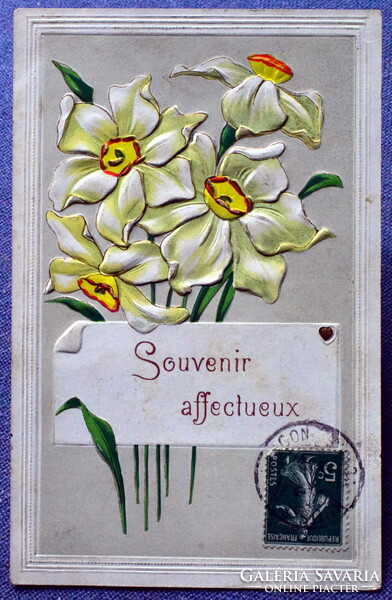 Antique embossed art nouveau litho greeting card daffodils