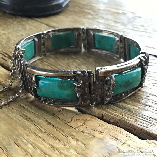 Old handmade gold decorated silver bracelet with turquoise stones