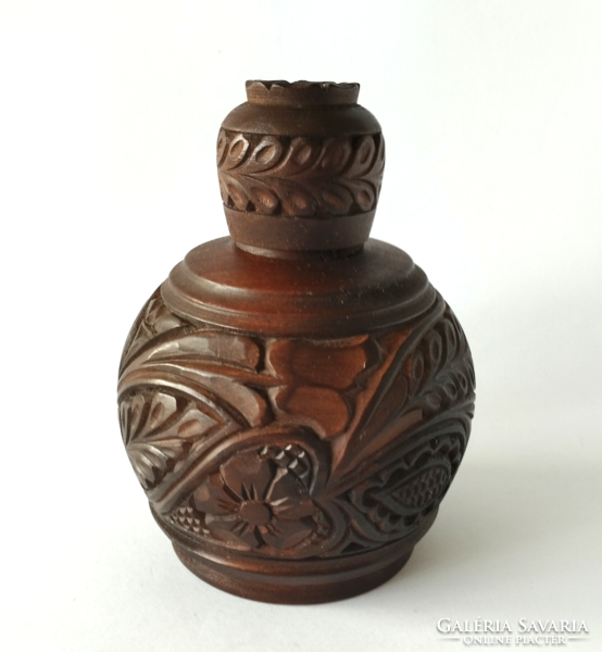 Hand-carved folk art wood - flask with glass insert, short drink holder