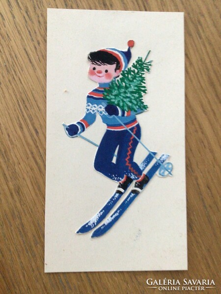 Kecskeméty Károly eredeti képeslap terve Síelő fiú 15x8 cm tempera, papírkivágás