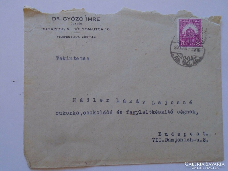 S3.44  Bélyeges boríték  Dr. Győző Imre  ügyvéd - 1930k  Nádler Lázás Lajosné csokoládé és fagylalt