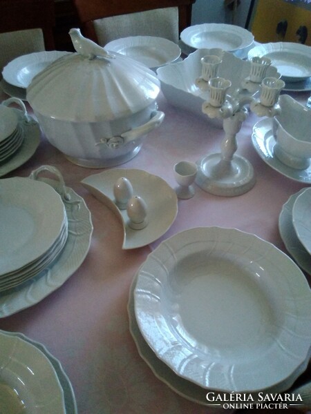 47-piece white Herend dinner set with rokály pattern with bird soup bowl and candle holder!