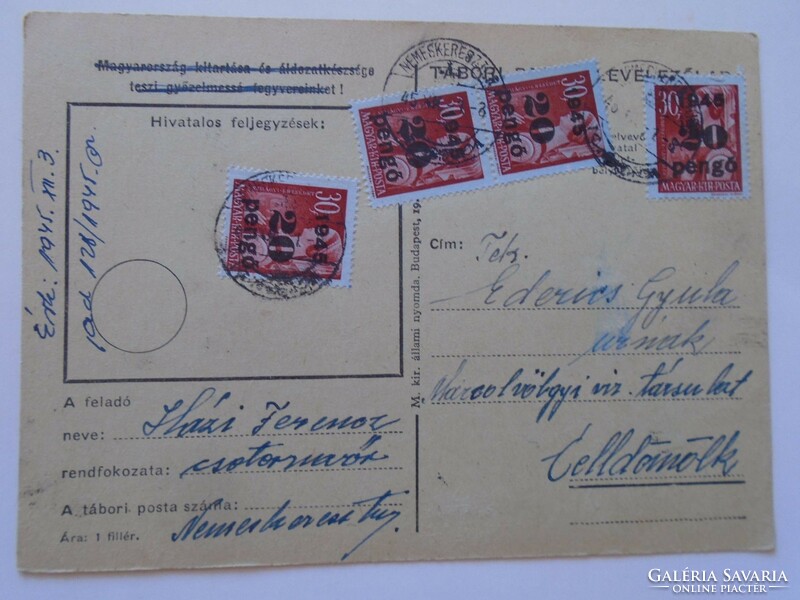 S5.25  Inflációs   Tábor posta levlap Nemeskeresztúr  -Ederics Celldömölk 1945.Xii.3  Marcal vt