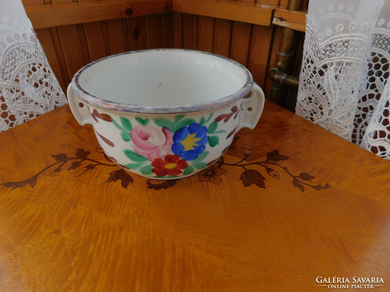 Antique coma bowl with two solid handles, large flower pattern, flawless