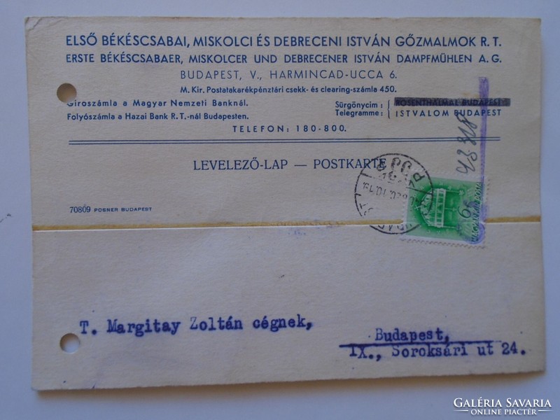 S5.40 Postcard first Békécsaba - Debrecen - Miskolc - István malom - 1940 margitay