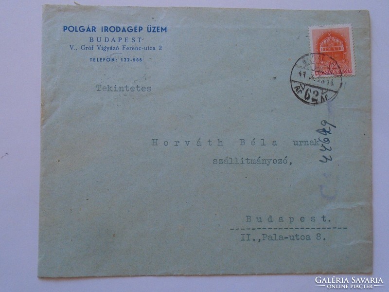 S9.27  LEVÉLBORÍTÉK  1941  Polgár Irodagép Üzem  Budapest