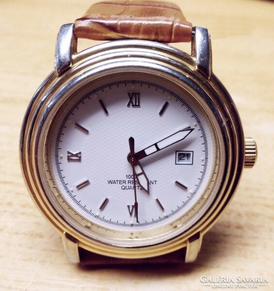 Gold-plated bicolor men's wristwatch, in good condition, leather strap, Japanese quartz movement